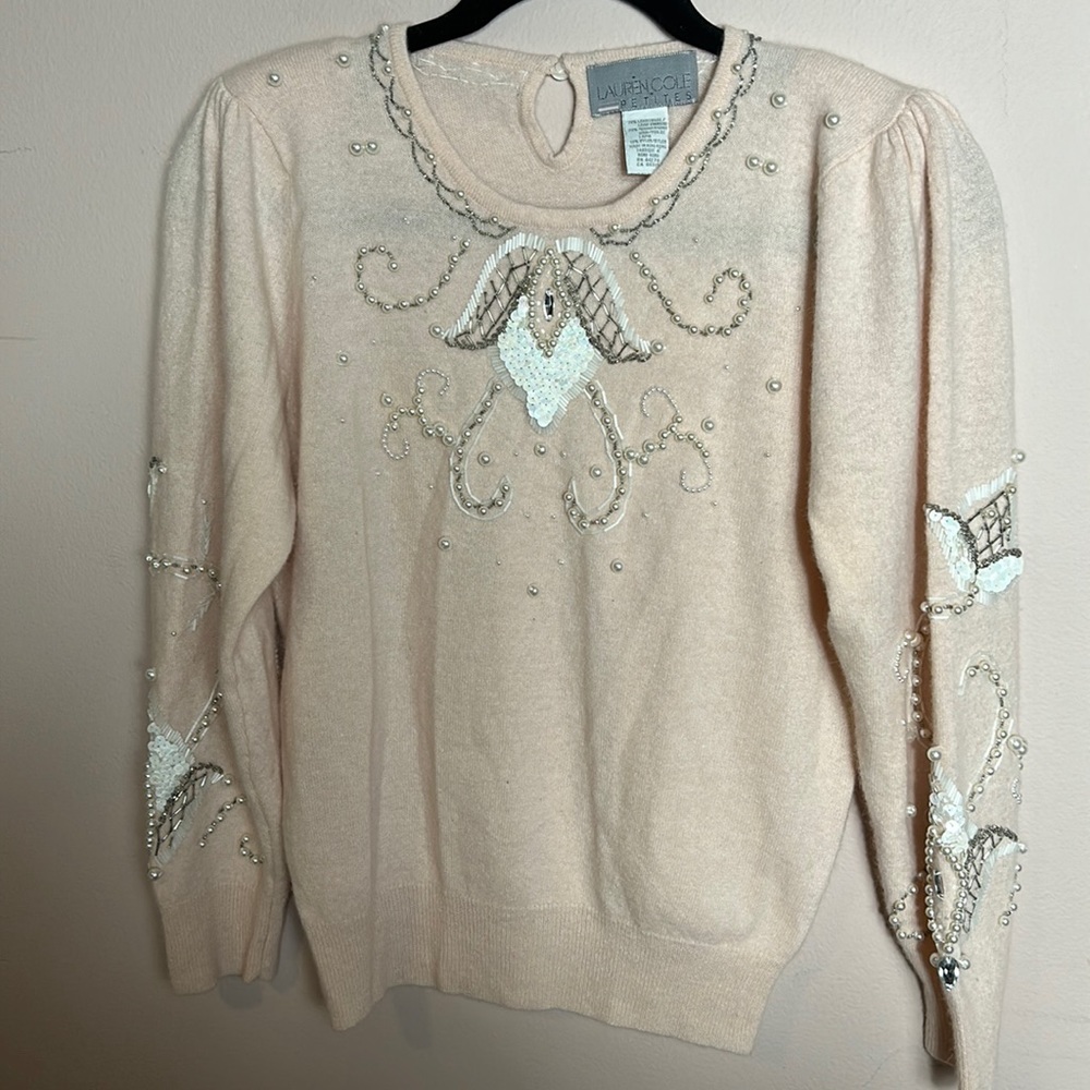 Vintage Lauren Cole Lambswool Beaded Sequin Scoop Neck Sweater Light Peach small